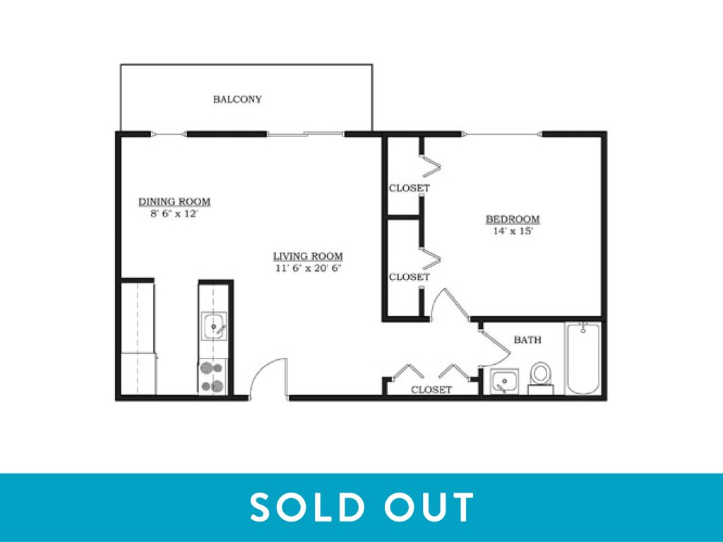 A 3D image of the 1BR/1BA – Large – Unfurnished floorplan, a 750 squarefoot, 1 bed / 1 bath unit