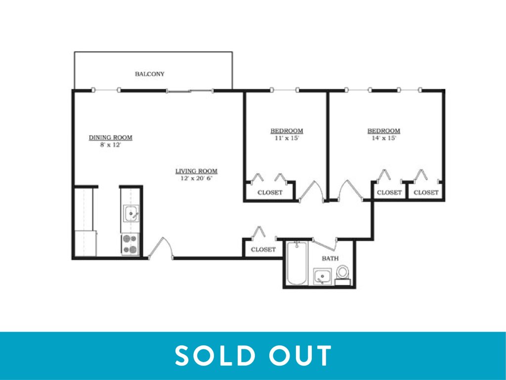 A 3D image of the 2BR/1BA – Furnished floorplan, a 850 squarefoot, 2 bed / 1 bath unit